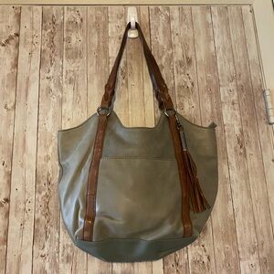 The Sak Sierra Shopper tote shoulder bag brown leather green braided handle